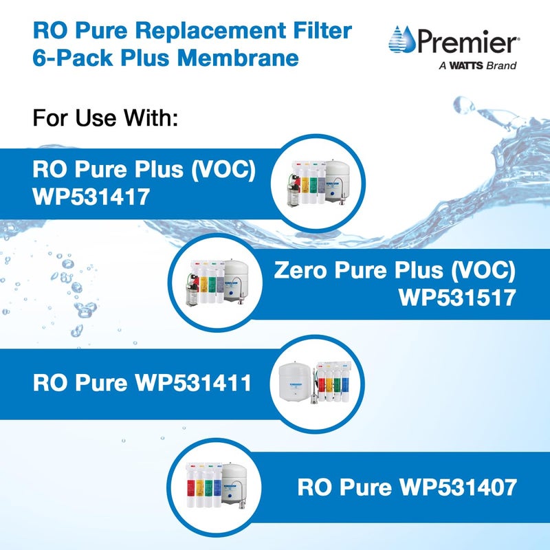 Watts Premier Annual RO Pure 6-Pack Filtration Kit for Zero/Pure Plus Reverse Osmosis System, Push Button Water Filter Replacement, 2 Sediment Filters, 2 Carbon Pre-Filters, 1 Post-Filter, Membrane - Image 2